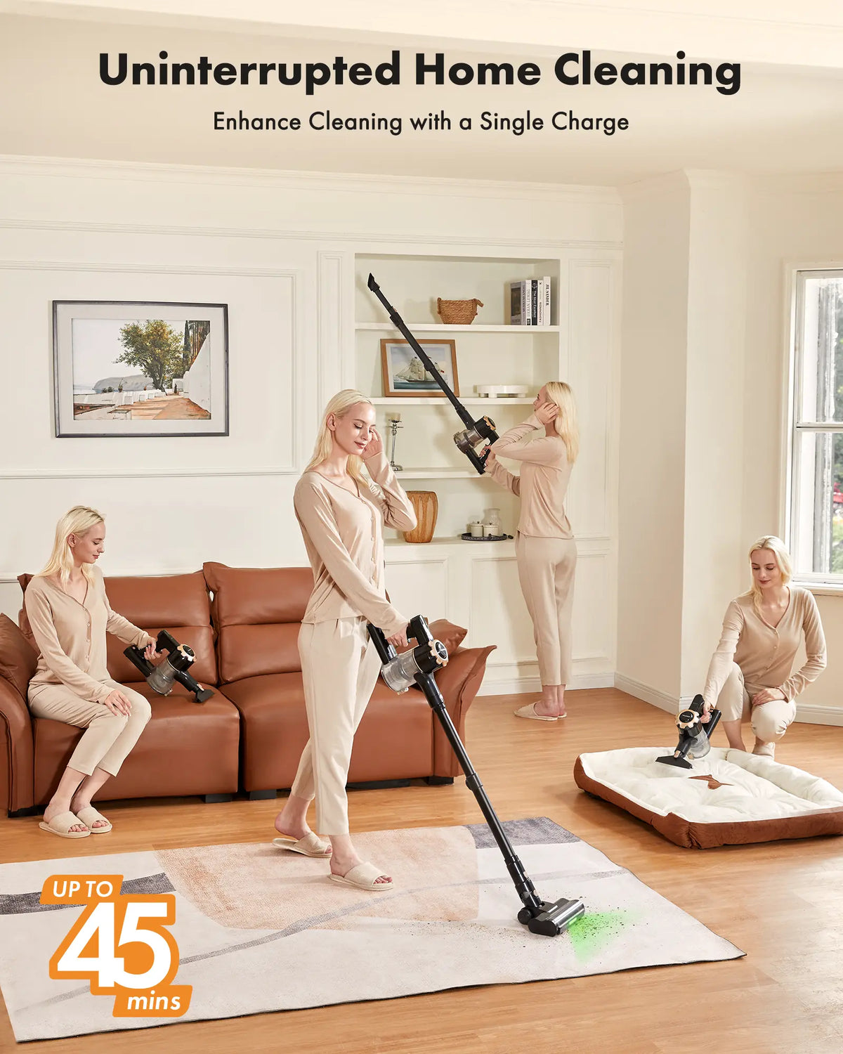 【 2026 newly upgraded】Trucozie T350 Cordless Vacuum Cleaner, 8-in-1 Lightweight Upright Vacuum Cleaner, 45-Minute Runtime, Powerful 33 kPa Suction, Suitable for Home , Hardwood Floors, Carpets,  Pet Hair