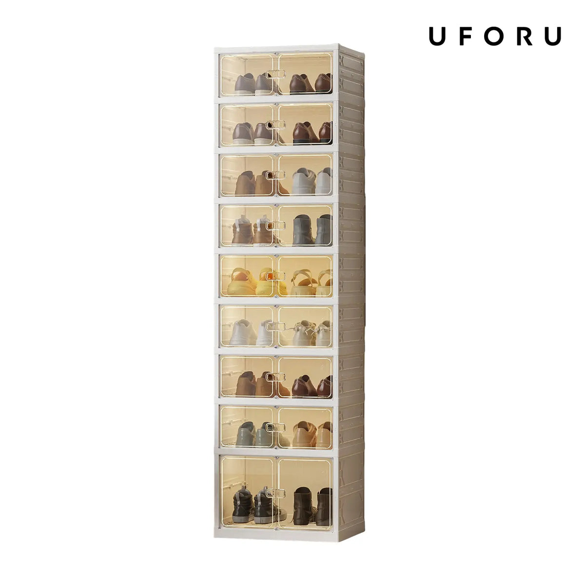 UFORU folding shoe rack, magnetic transparent door shoe cabinet, 9 layers, can store 18 pairs of shoes, simple design, large capacity, sturdy and stackable plastic shoe cabinet, space-saving, no installation required