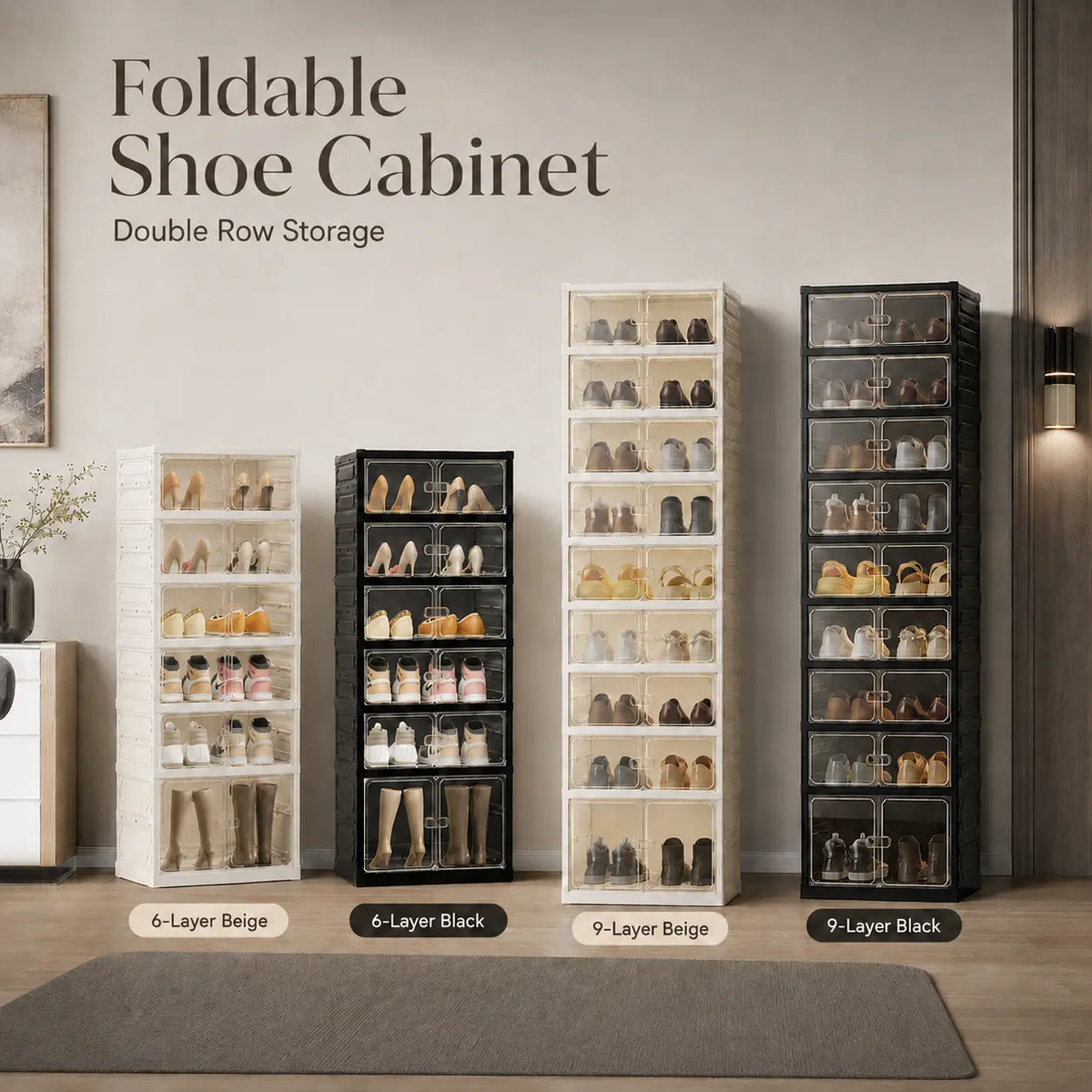 UFORU folding shoe rack, magnetic transparent door shoe cabinet, 9 layers, can store 18 pairs of shoes, simple design, large capacity, sturdy and stackable plastic shoe cabinet, space-saving, no installation required