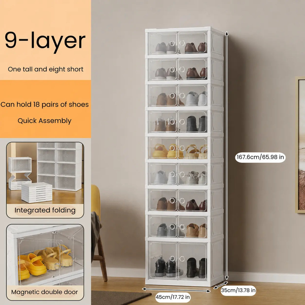 UFORU folding shoe rack, magnetic transparent door shoe cabinet, 9 layers, can store 18 pairs of shoes, simple design, large capacity, sturdy and stackable plastic shoe cabinet, space-saving, no installation required